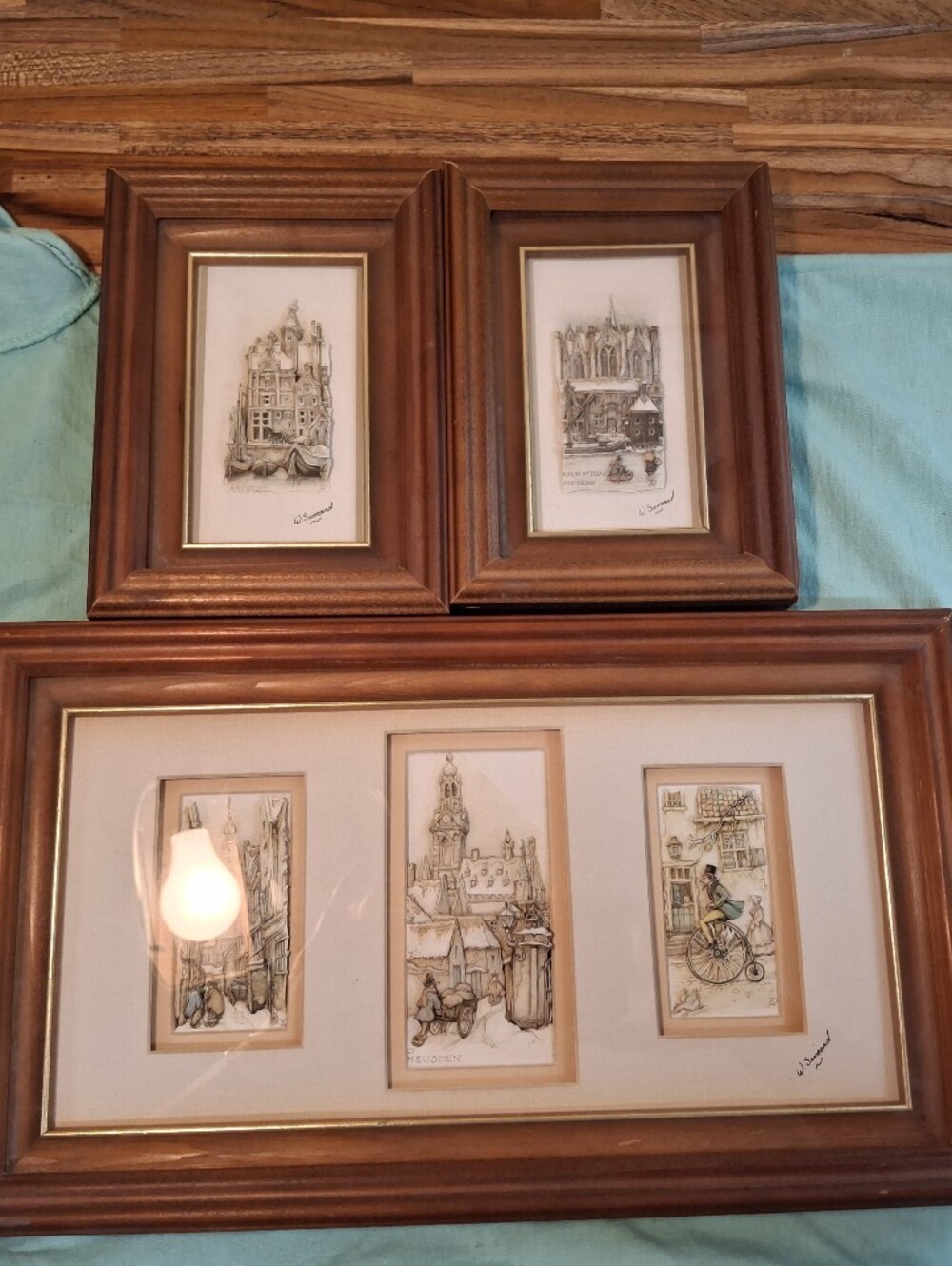 Set of 3Vintage Wood-Framed Architectural 3 D Prints - Brown Frames